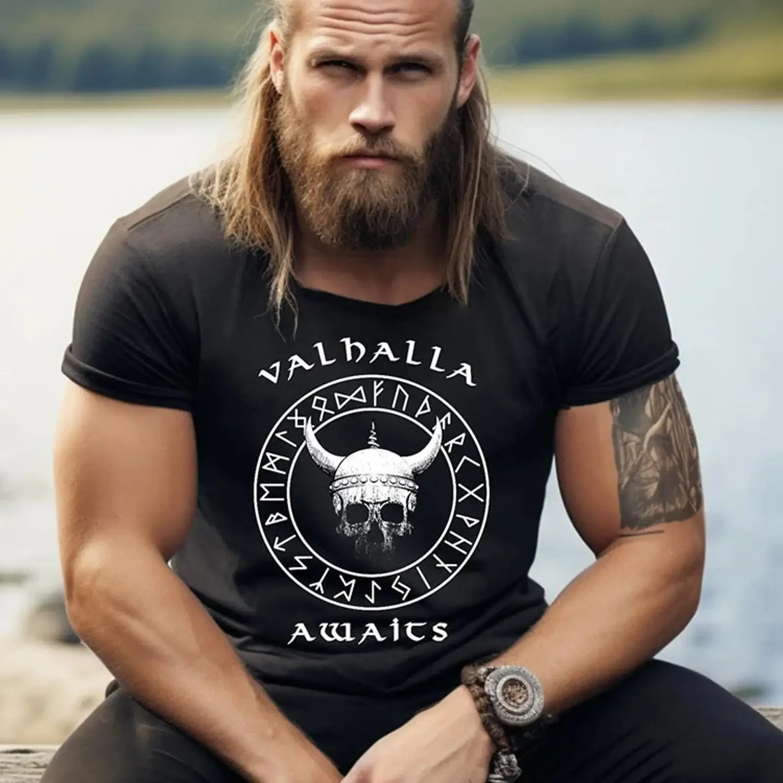 Men's Viking Valhalla Awaits Rune Skull T Shirt Norse Mythology Casual  vintage Washed graphic Versatile Soft fashion