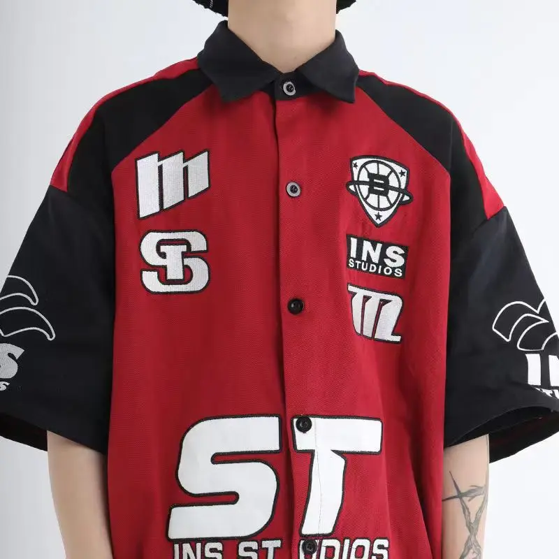 

Motorcycle Tooling Embroidery Retro Short Sleeve Shirt Men Women Shirts Four Seasons Button Up Hip Hop Shirt Casual Shirt Jacket