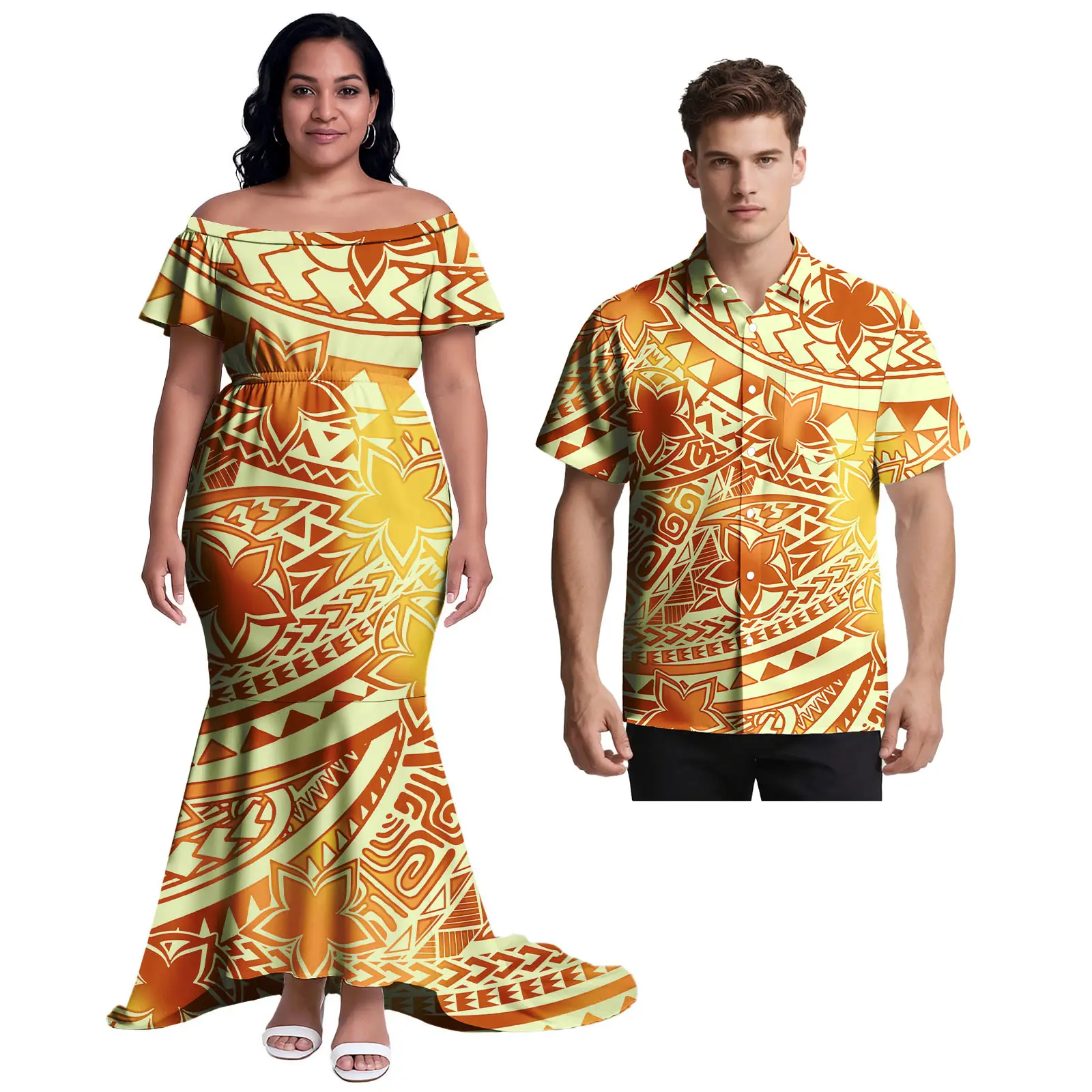 فستان حورية البحر قميص هاواي صيفي للزوجين Monstera Leaf Island Print Aloha قميص ذيل السمكة تنورة بولينيزية للزوجين ملابس متطابقة