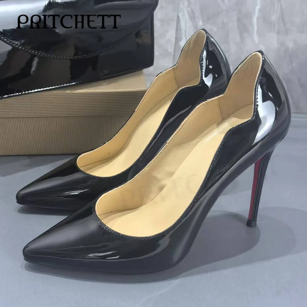 

Black Shiny Patent Leather High Heels Pointed Toe Stilettos Sexy Pumps Fashionable Temperament Trendy Women's Shoes