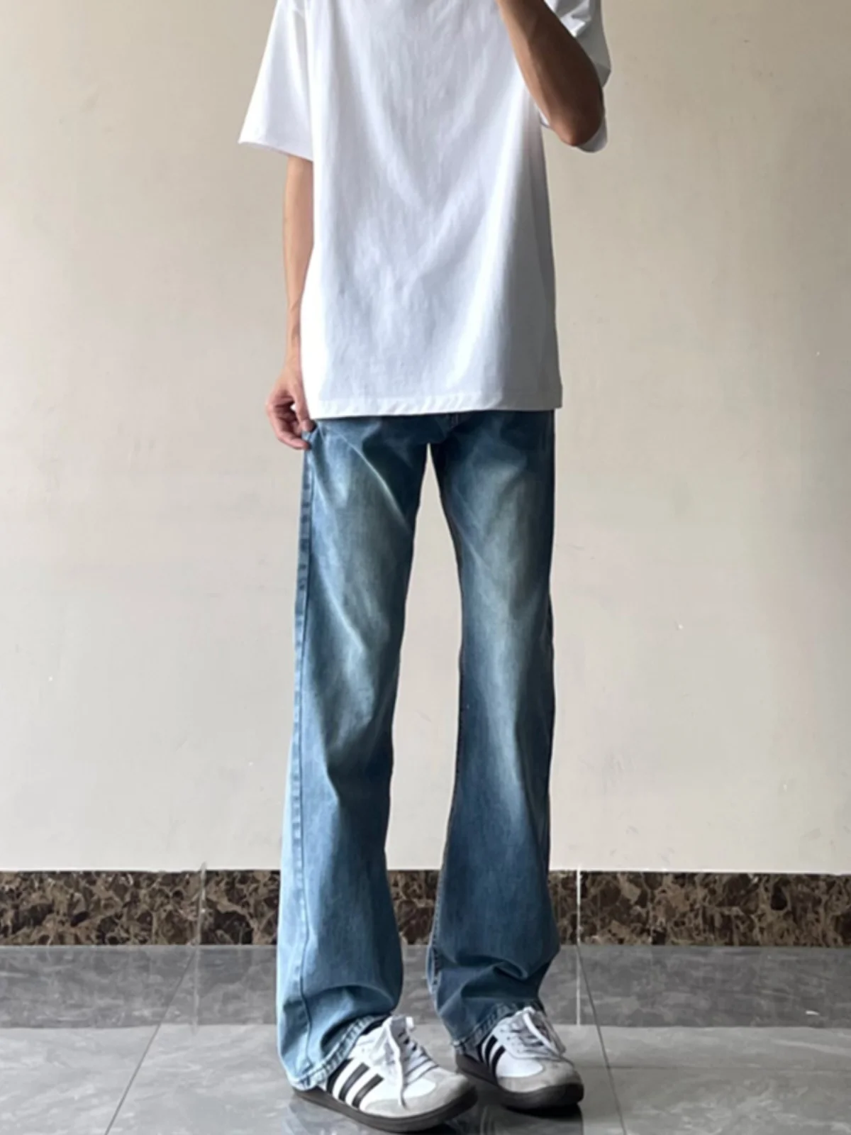 

Светло-голубые мужские летние джинсы Cleanfit с эластичными расклешенными прямыми штанинами в американском стиле High Street, длинные брюки с высокой талией на молнии