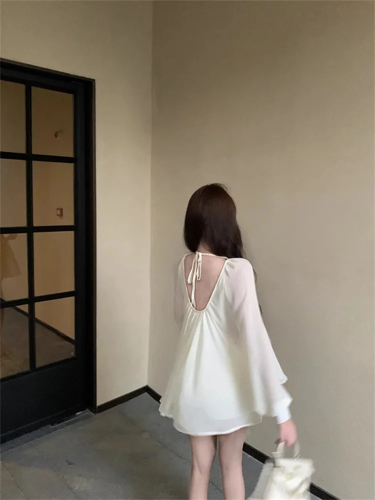 Camisa de gasa con cuello en V y lentejuelas de diseño de lujo para mujer, blusa holgada de manga larga de color albaricoque, Tops de estilo festivo 2025