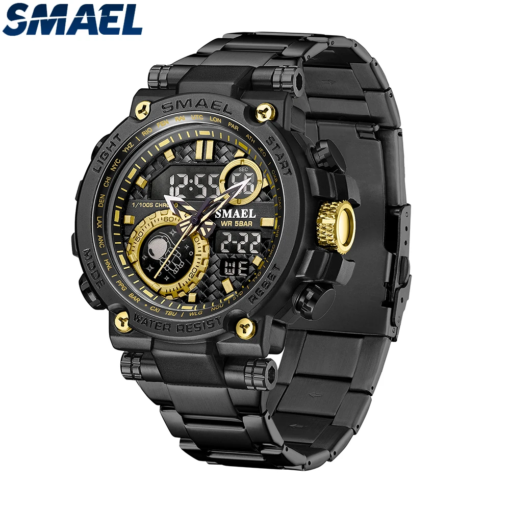 Fashion Stainless Steel Watches Bussiness Watches Waterproof Digital Back Light 50M 8095 Sports Quartz Wristwatches Men\'s