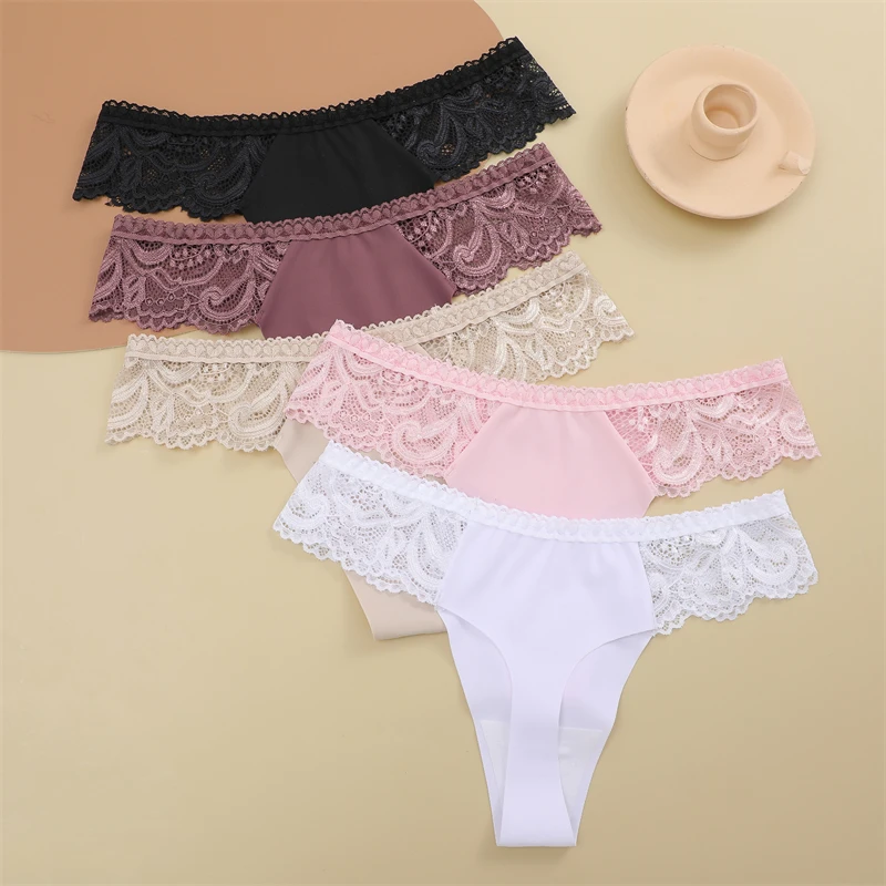 3Pcs Seamless Stretch Thongs Women Comfort Patchwork Lace Panties Female Low-Waist G-string High Quality Floral Soft Lingerie