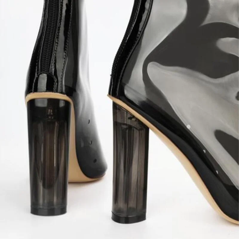 Chunky Heels Transparent PVC Women Knee High Boots Back Zipper Pointed Toe Square Heels Women Ridding Boots Big Size48