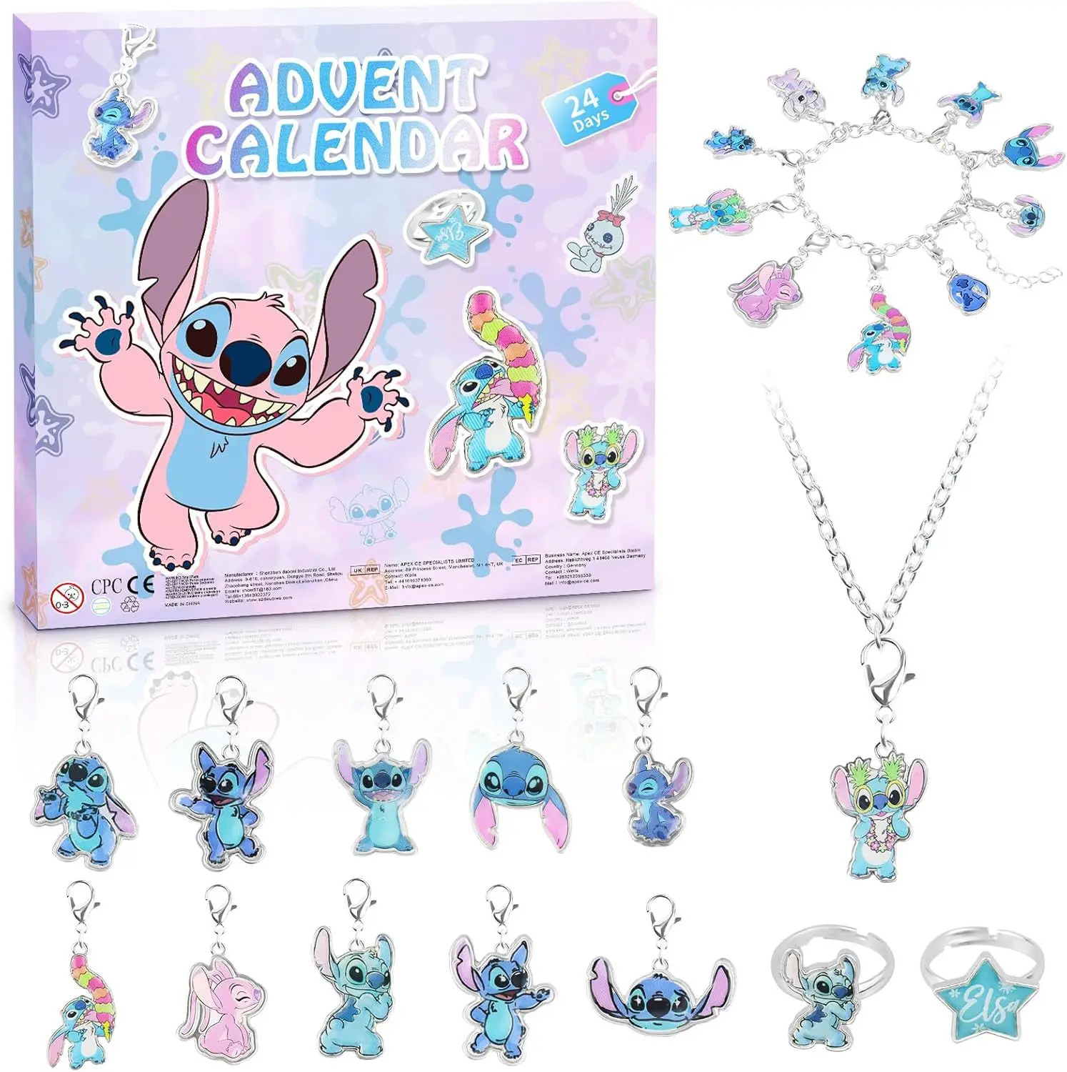 Stitch natal advento calendário disney pulseiras 24 dias natal contagem regressiva calendário colar diy jóias fazendo kit para o presente da menina