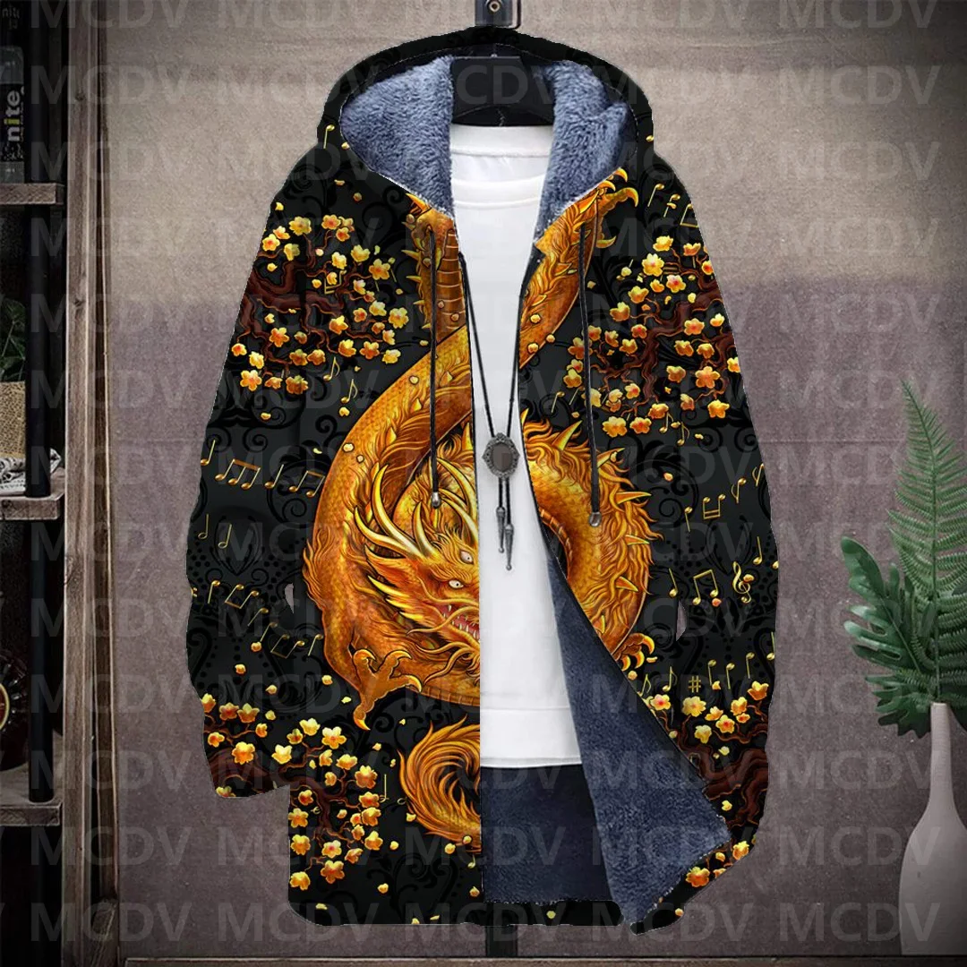 Men's Retro Print Plush Thick Long-Sleeved Coat Cardigan Dragon 3D Prined Fleece Hooded Overcoat Unisex Thick Warm Jacket