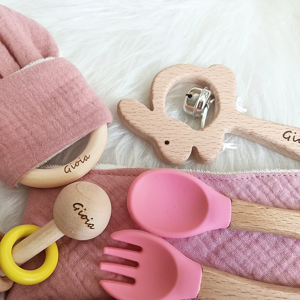 Personalized Name Bath Toy Set, Baby Rattle Toy, Towel Gift Set, Fork, Spoon, 0-12 Months Old, Boy, Girl, Food, Saliva, 8 Pcs