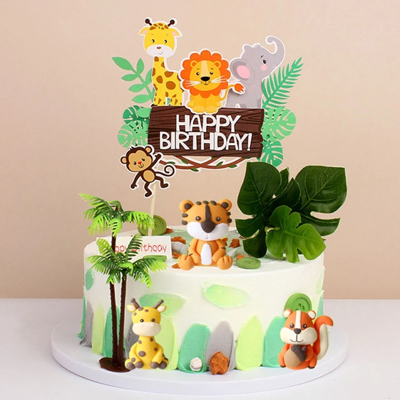 Safari Jungle Party Animals Cake Topper Happy Birthday Cake Baby Shower Kid Children Animals First 1st Birthday Cake decorwings