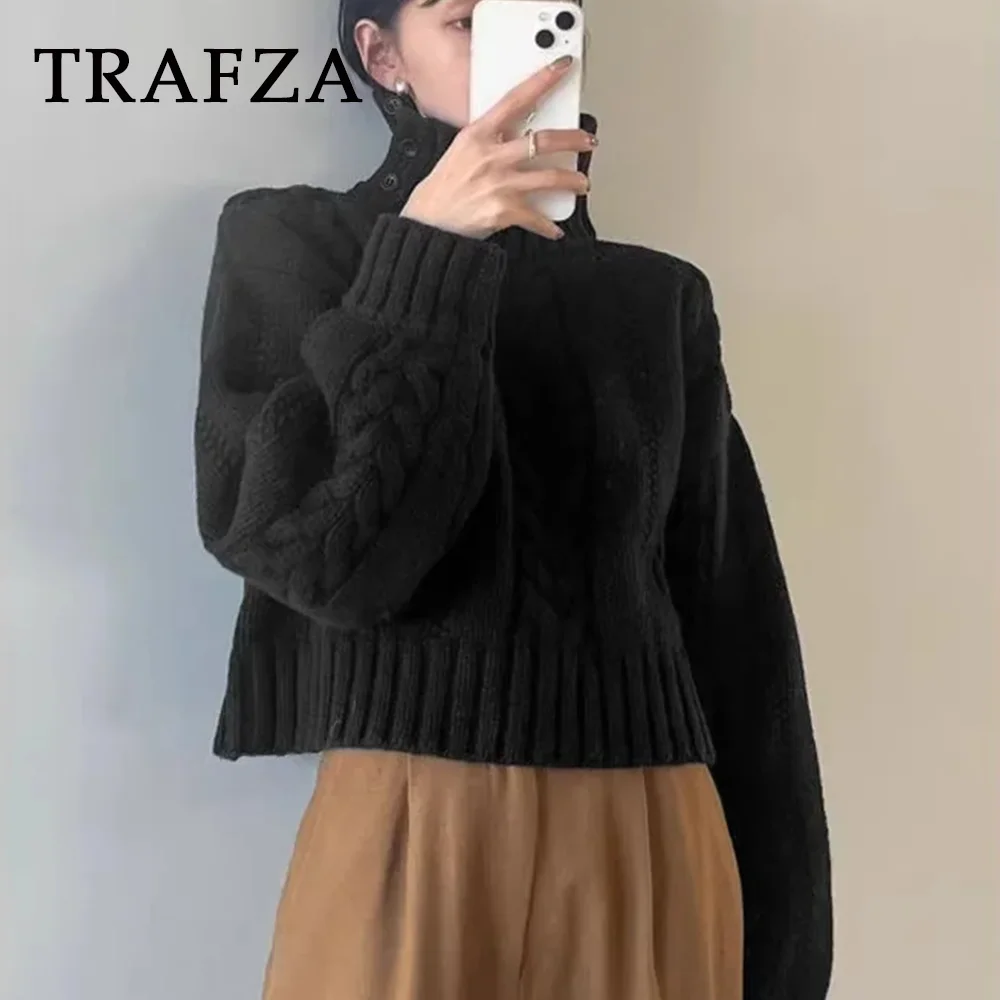 TRAFZA 2023 Women Autumn Winter Korean Style Solid Blouse Fashion Casual Turtleneck Loose Button Women's Clothes Korean Stylish