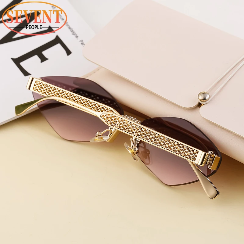 Rimless Metal Frame Polygon Sunglasses Women 2024 Luxury Brand Design New Fashion Hexagon Sun Glasses For Ladies Eyewear Shades