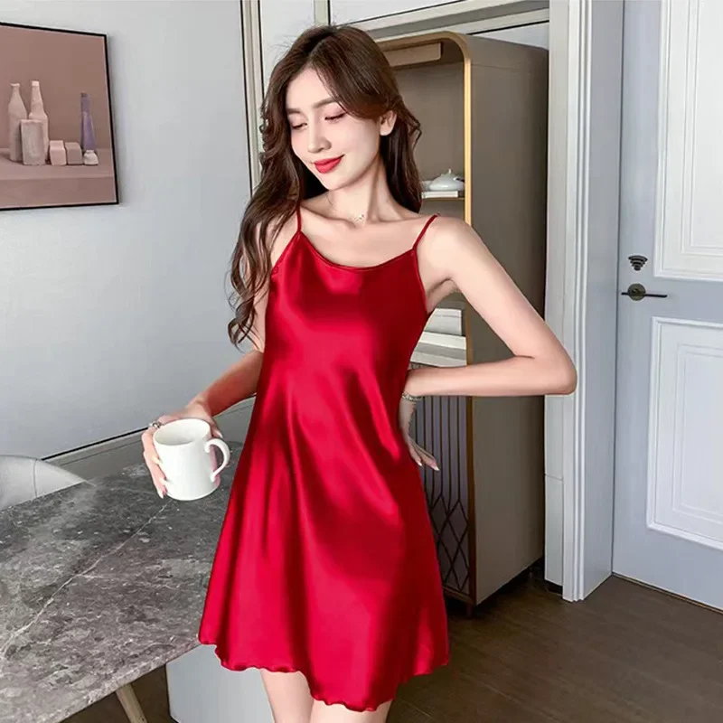 COZY เซ็กซี่ Camisole สีทึบชุดนอน Homewear ผู้หญิงชุดนอนผ้าไหมน้ําแข็ง Suspender Nightdress สลิง Nightdress