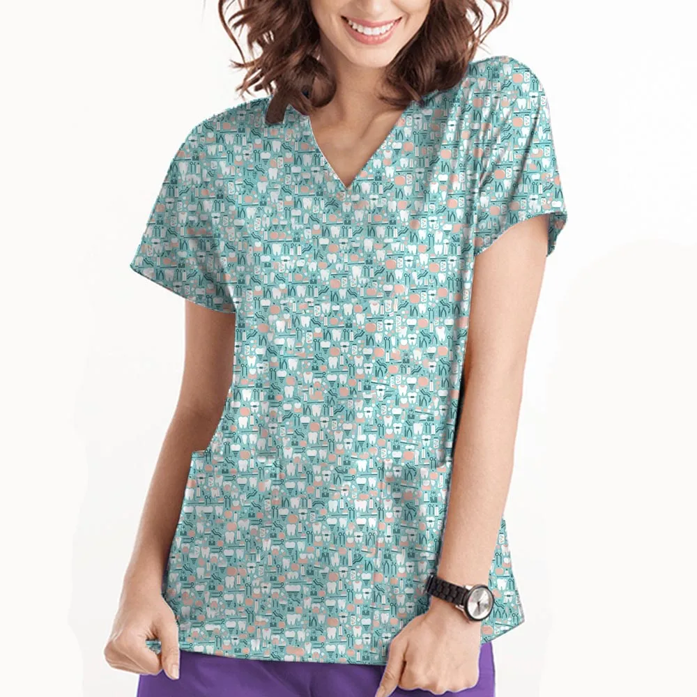 歯科女性の病院制服歯漫画プリント口腔ナーストップス V ネック半袖ポケット Tシャツナース制服女性