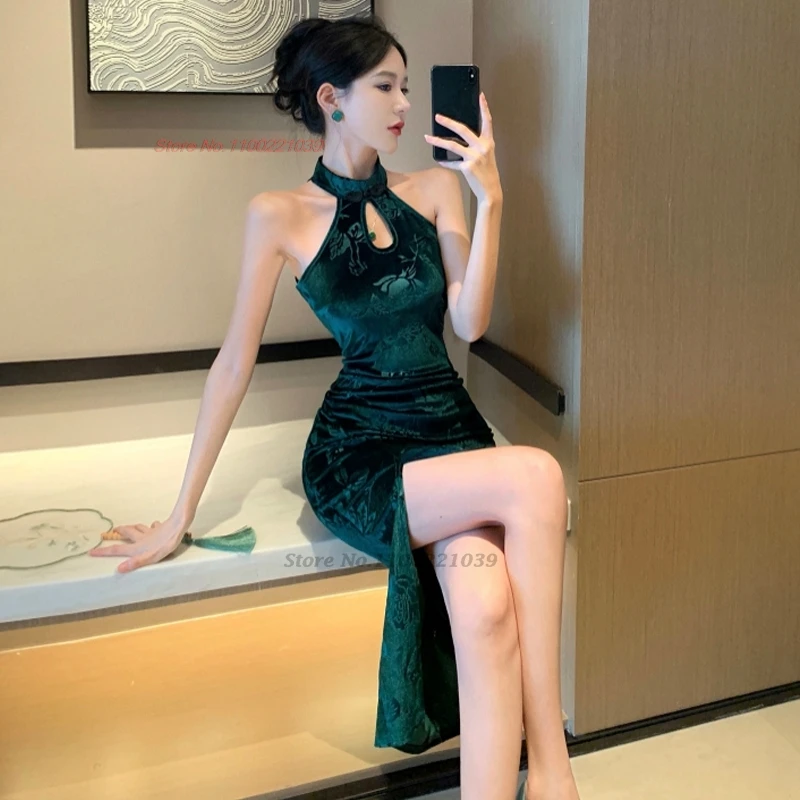 

2024 chinese improved cheongsam sleeveless velvet qipao oriental sexy evening party dress banquet qipao vintage nightclub dress