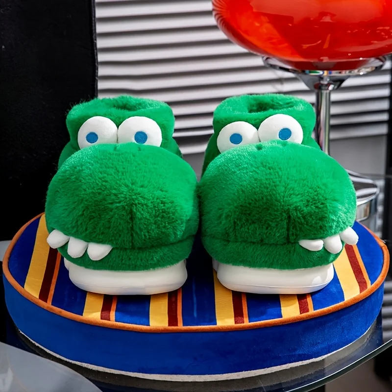 SHAJI Winter Warm Shoes Woman Men Indoor Fluffy Slippers Cute Cartoon Crocodile Thick Sole Soft Plush Couples Home Floor Snow