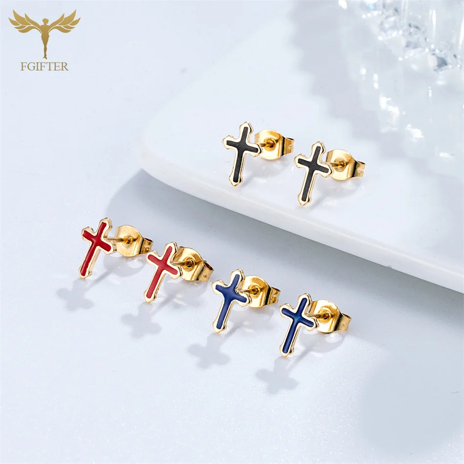 12 Pairs Mixed Colors Stainless Steel Cross Earrings Set Women Christianity Jewelry Golden Small Ear Stud Gifts pendientes acero