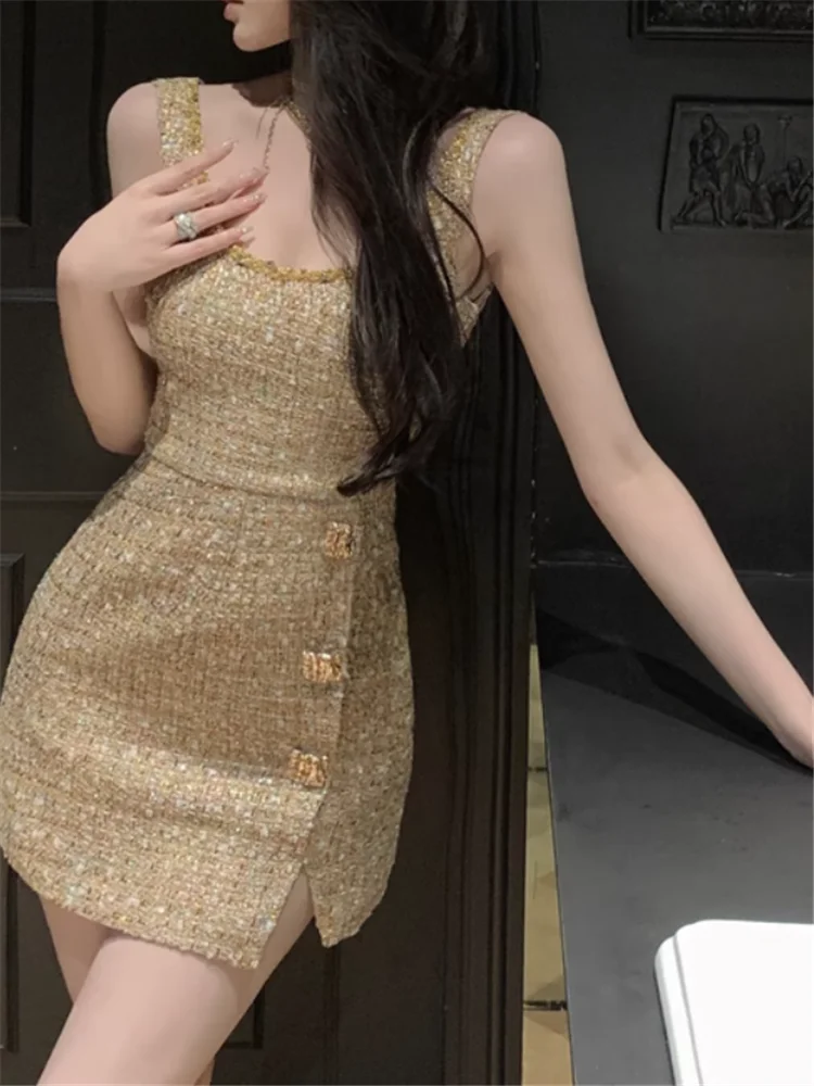 연예인 여성 고급스러운 우아한 골드 슈퍼 미니 파티 드레스 여름 신상 패션 스플릿 U넥 바디콘 펜슬 탱크 드레스 숏 스커트