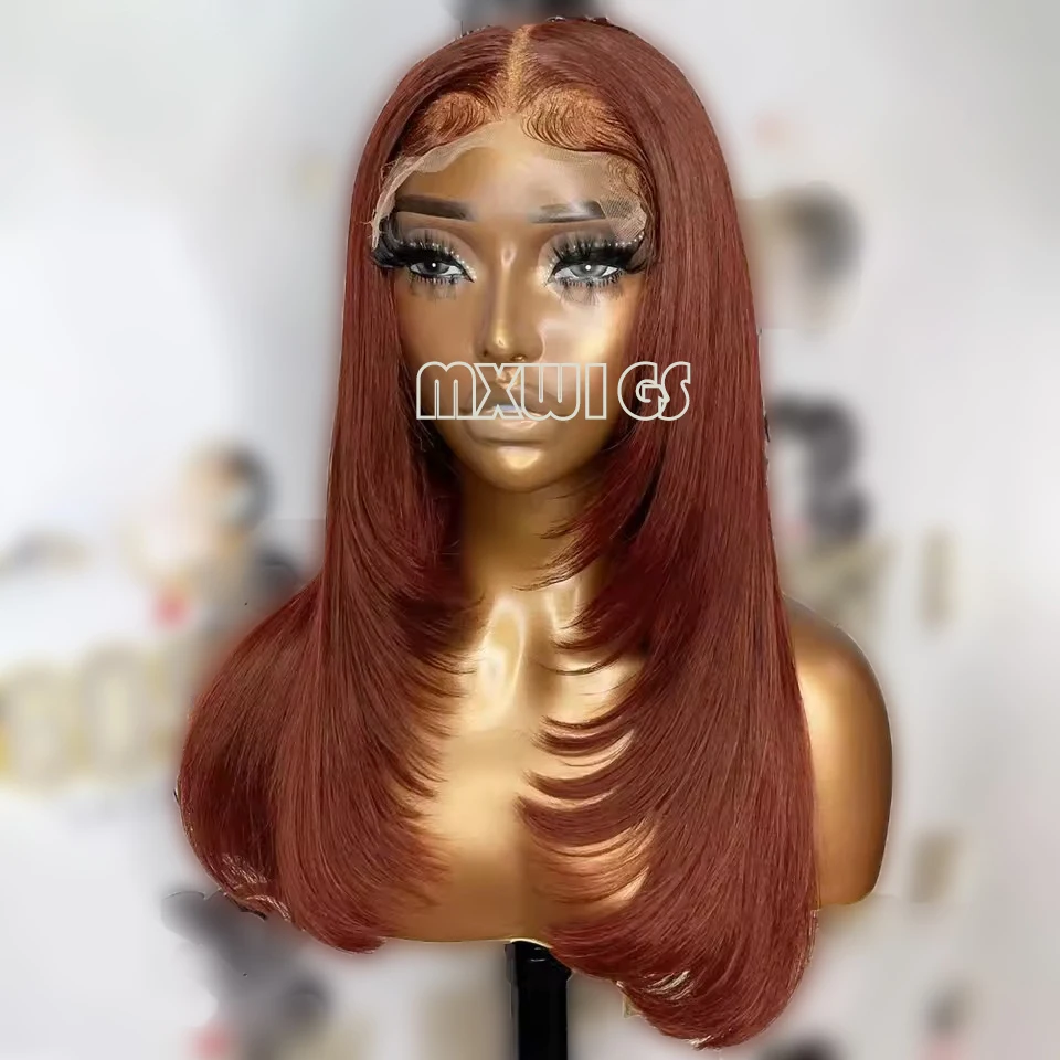 MXWIG Synthetic Hair Reddish Brown Straight Layered Lace Front Wigs For Women Copper Red Pre Plucked Lace Frontal Wig  Glueless