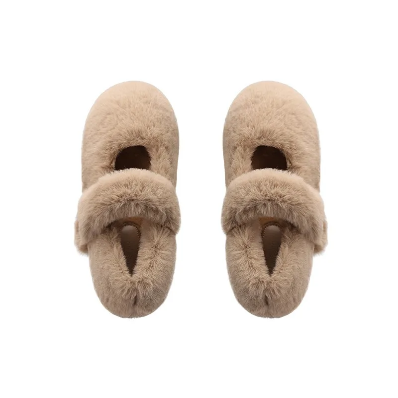 Large Size Winter Warm Furry Women's flats Cotton Lined Bean Bean Outdoor Wearable Slip-On round Toe Flat Heel Lofers