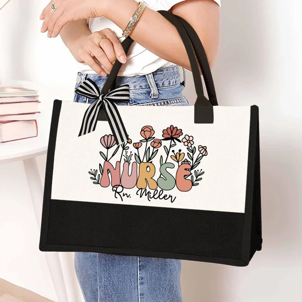 

Personalized Floral Nurse Tote Bag Custom Name Handbag Durable Canvas Tote Lightweight Practical Nurse Graduation Gift Daily Use