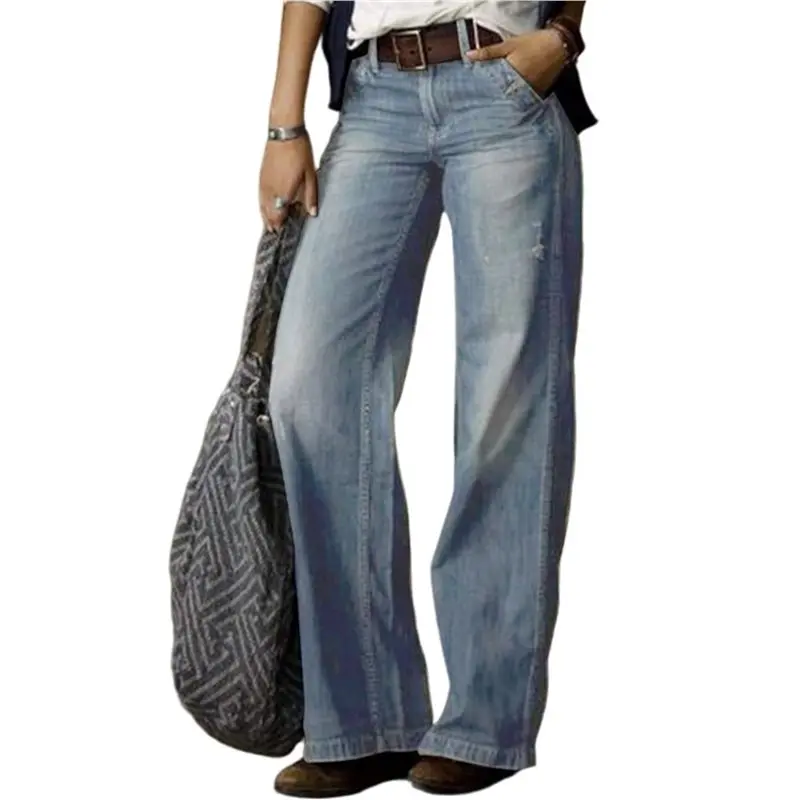 

CYL-Wide Leg Jeans For Women Mid Waist Baggy Denim Washed Pants Without Belt