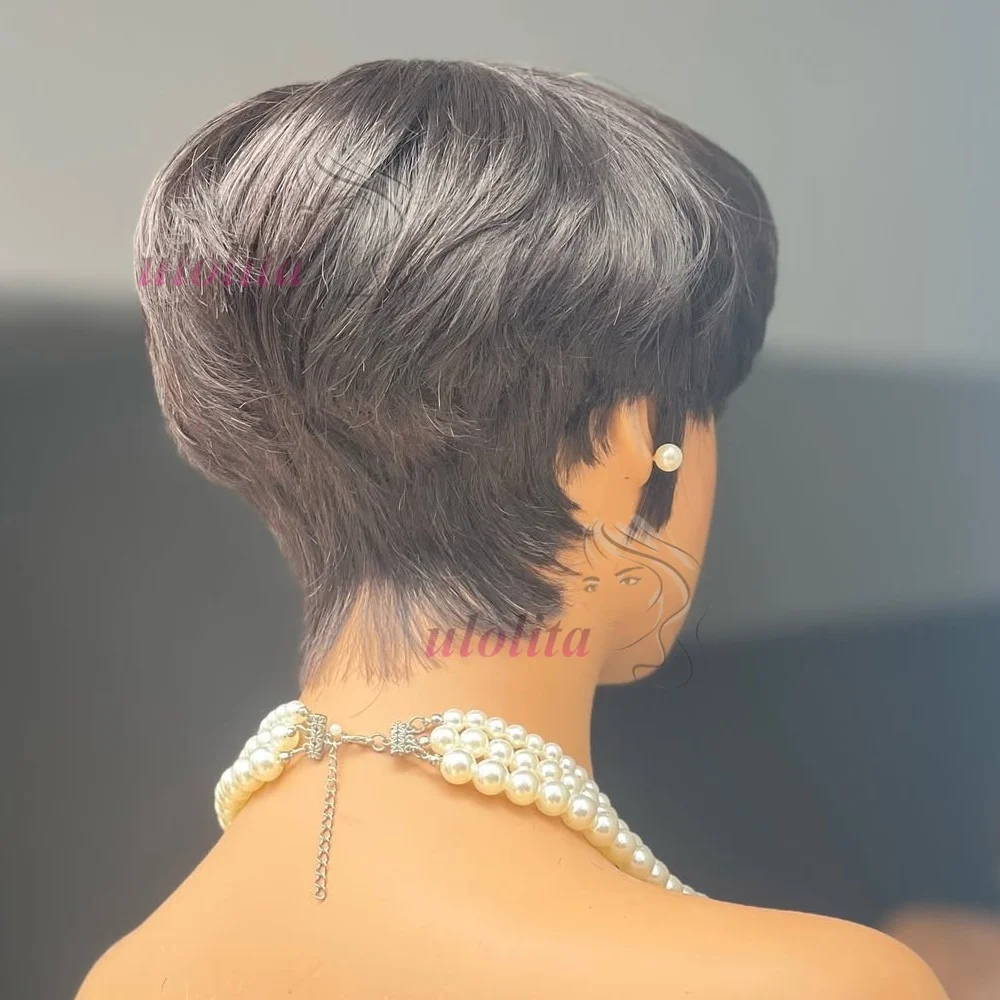 Kurze gerade Bob-Perücke, Pixie-Cut-Perücke aus Echthaar für schwarze Frauen mit Pony, brasilianisches Echthaar, ohne Lace-Front, günstige Perücke, schwarz – Detail 8
