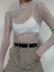 Fall Elegant See Through Long Sleeve Mock Neck Women Tops Fashion Streetwear Sexy T-Shirts Tees Slim Clothes