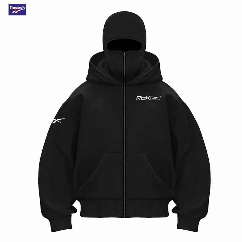 La ropa deportiva Reebok con capucha y cremallera para hombre, para otoño/invierno, con diseño de máscara con capucha y cremallera, es adecuada para actividades al aire libre.
