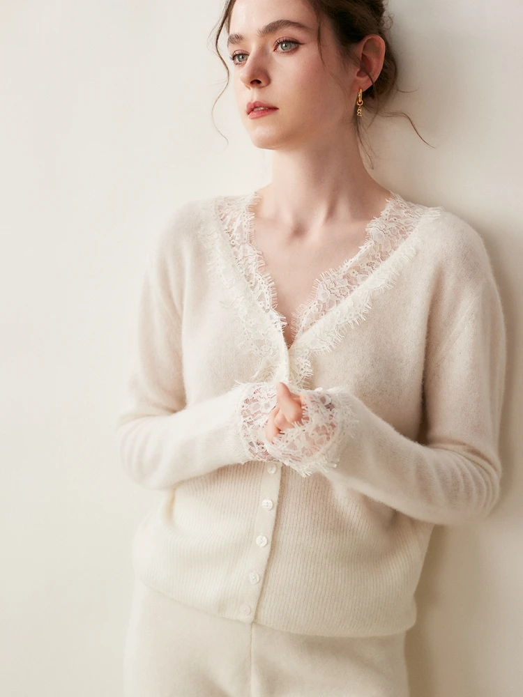 ADDONEE Women's 100% Cashmere Sweater Lace Design Cardigan Autumn Winter Office Lady Grace Cashmere Knitwear