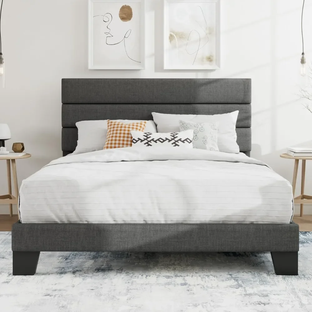 Large platform bed frame, upholstered fabric headboard, mattress base, wooden slats support, no need for spring mattresses