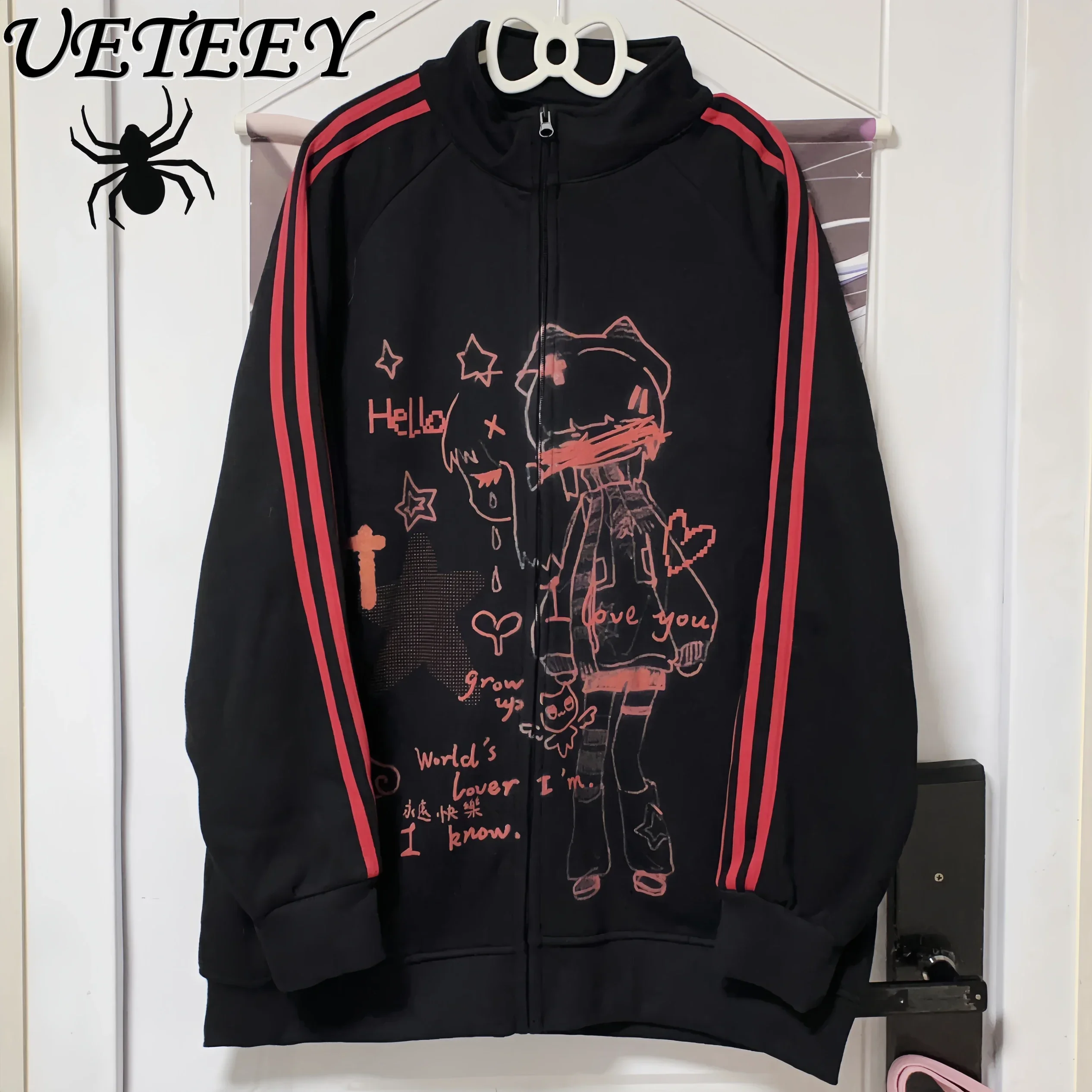 

Japanese Original Stand-up Collar Zipper Sweatshirt Hoodies Spring and Autumn New Sweet Striped Zipper Pure Cotton Velvet Jacket