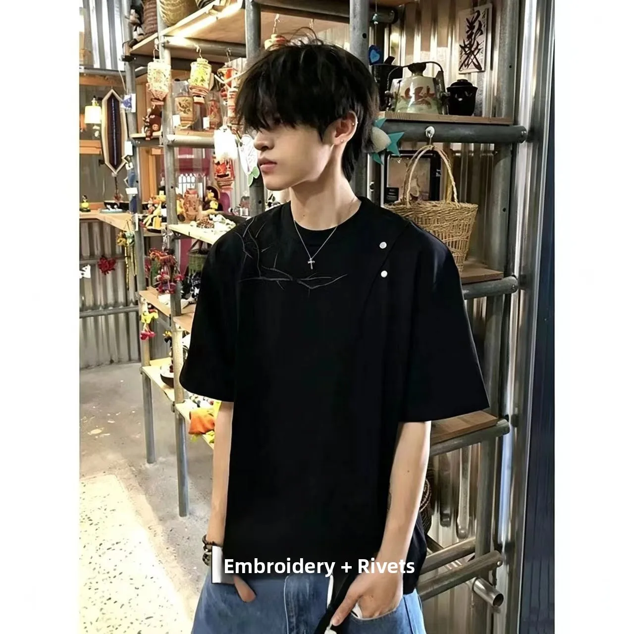 American Style Deconstructed Thistle Embroidery Short Sleeve T-Shirt Men Summer Thunder Pattern Embroidery Breathable Loose Fit