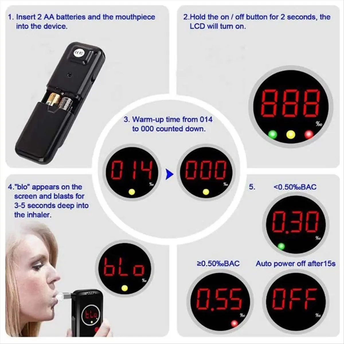 DT38 AD-6000NS Portable Tester Breathalyzer with 6 Mouthpieces High-Accuracy for Personal Use Before You Each Driving Black