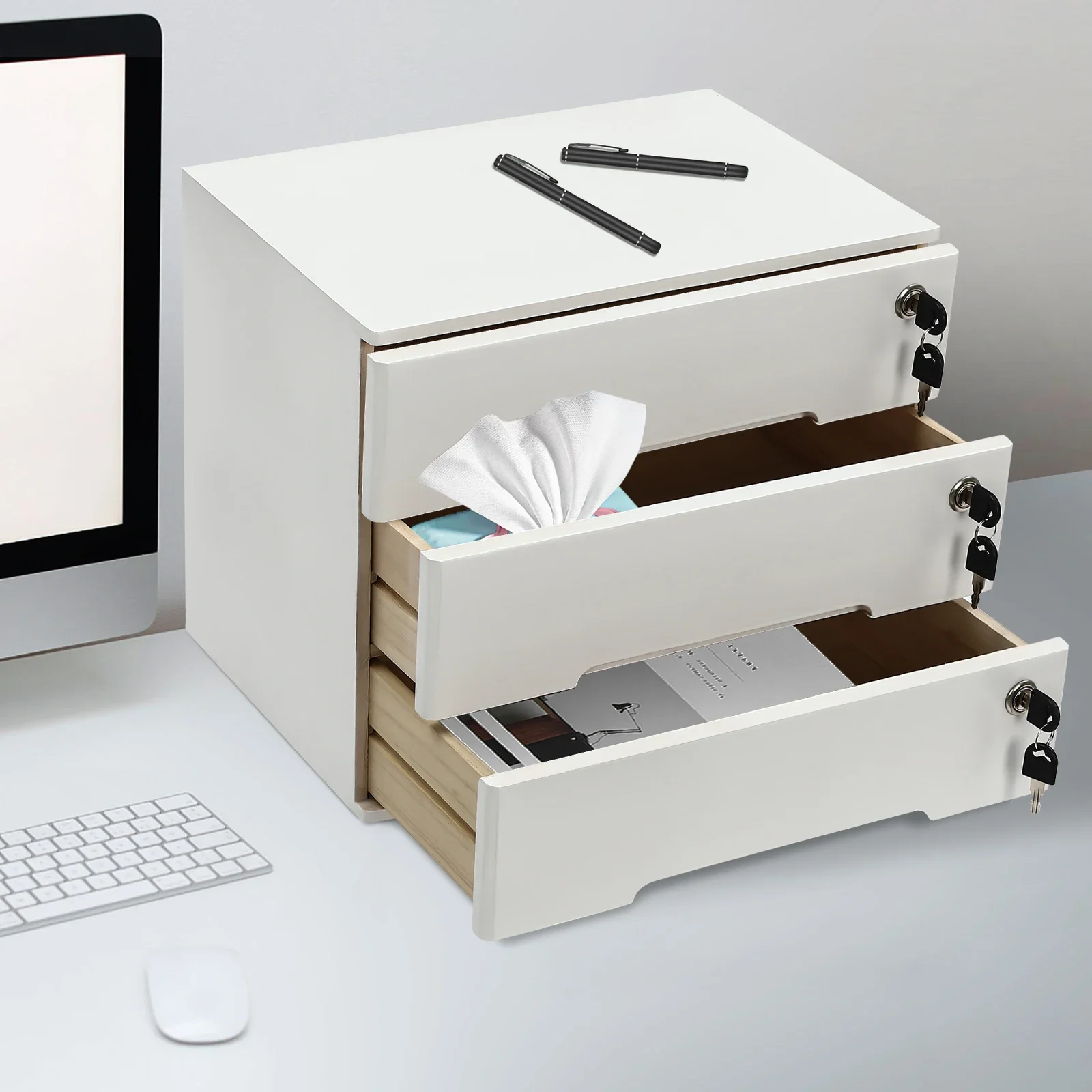 

Desktop Storage Cabinet, 3-Tier Lockable Storage Cabinet, Storage Cabinet with Drawers & Keys, for Home, Office, Dresser (White)