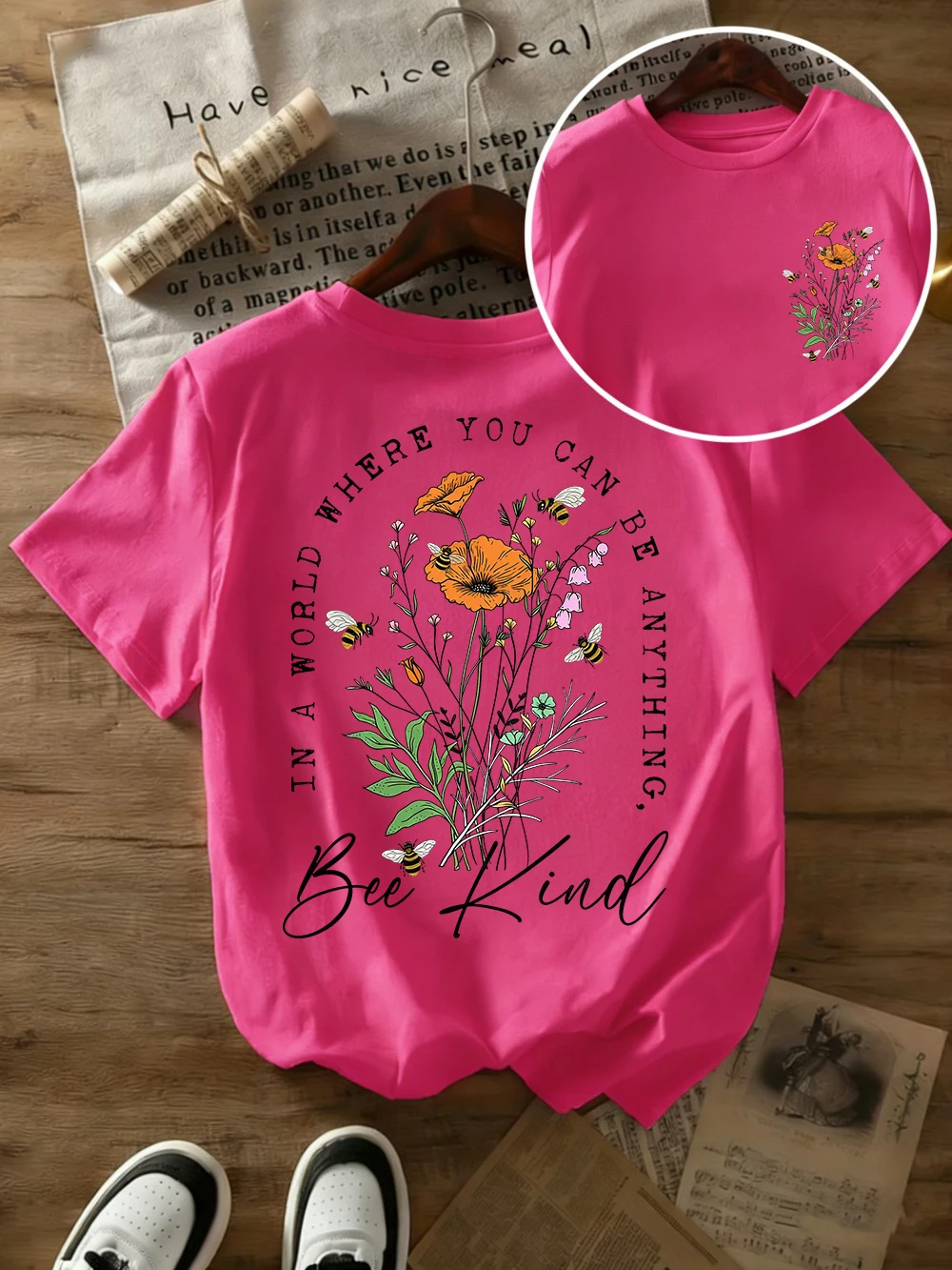 Sommer-T-Shirts mit wunderschönen Blumendrucken für Damen, übergroße T-Shirts aus Baumwolle, einfache O-Ausschnitt-Kurzarm-Tops, lässige Damenkleidung – Detail 19