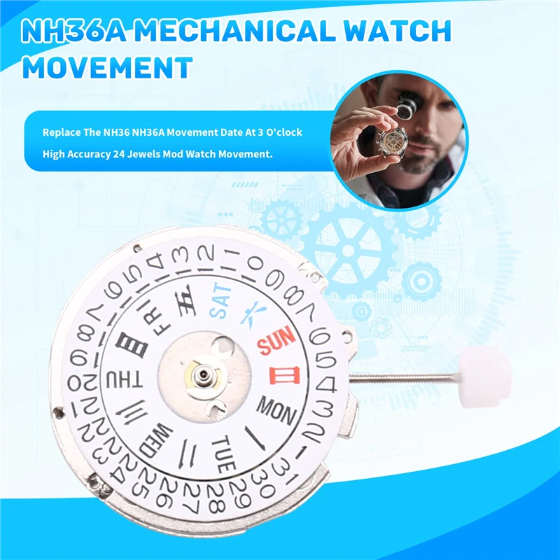 

MOPHE-NH36 Автоматический механический механизм NH36 NH36A Дата движения в 3-х часах Автоматические механические NH35A NH36A