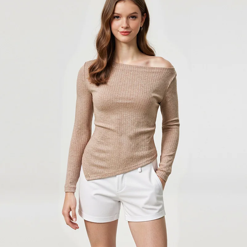 مزاجه محبوك سترة 2025 الخريف جديد رمادي خارج الكتف بأكمام طويلة ملابس نسائية #2