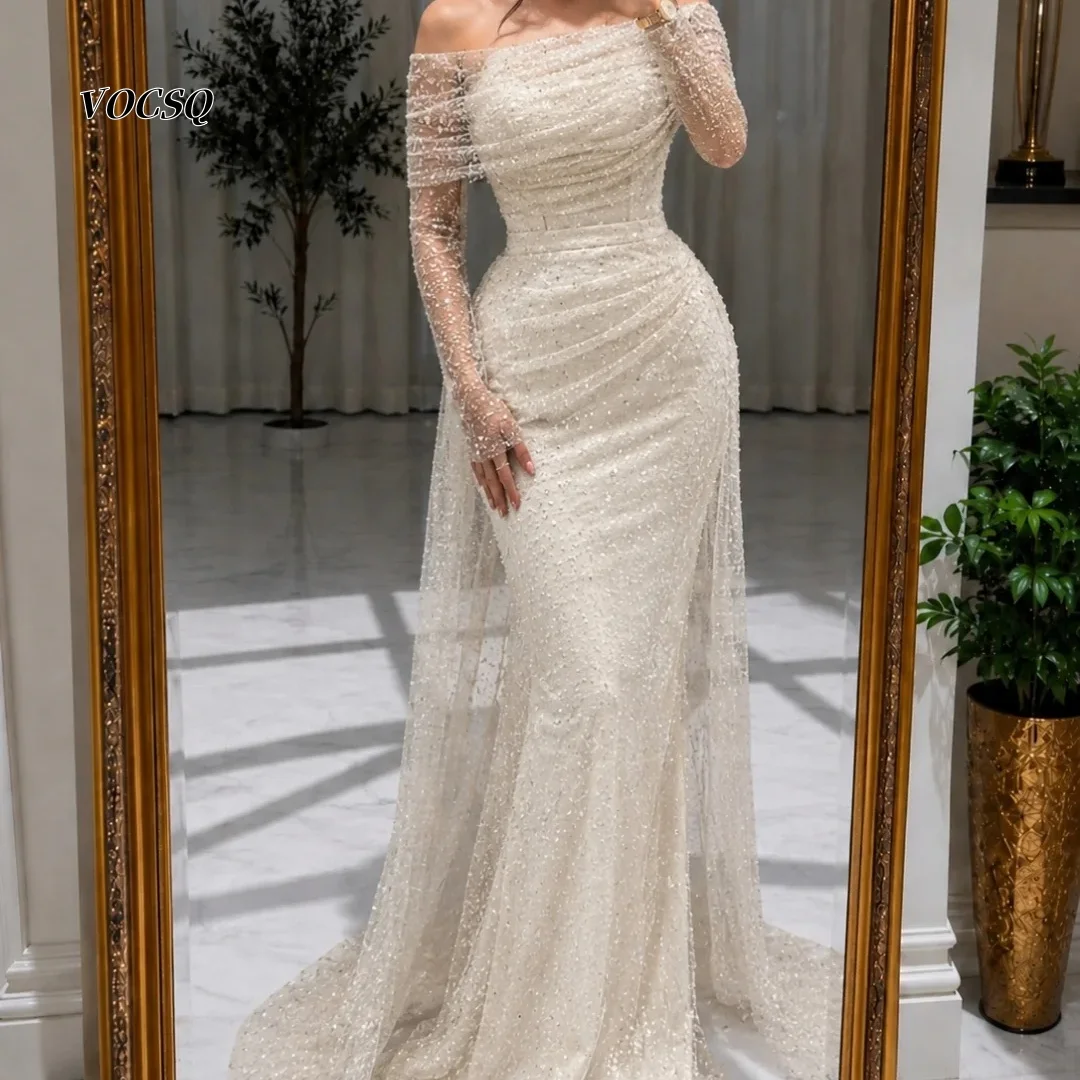 Abendkleider 2026 Elfenbein Schulterfreies Funkelndes Langarm-Tüll-Meerjungfrauenkleid Formelle Hochzeits- und Abendgarderobe für Damen Maßanfertigung