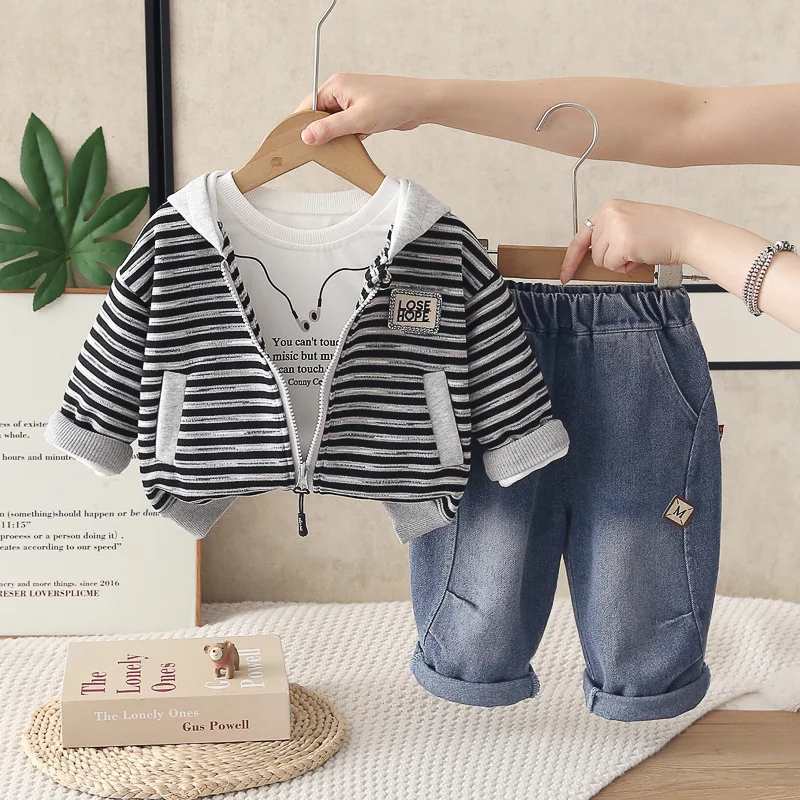 Korean Kids Clothing 2026 Spring Autumn Baby Boy Clothes 0-5 Years Striped Hooded Jackets Tops and Pants Children's Suit for Boy
