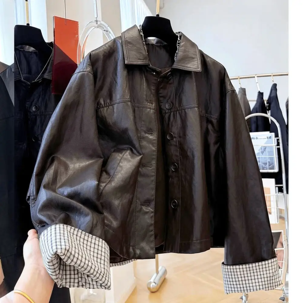 Women Faux Leather Jacket Korean Fashion Loose Casual Coat Autumn Commuter Turn Down Collar Patchwork Elegant Short Outwear