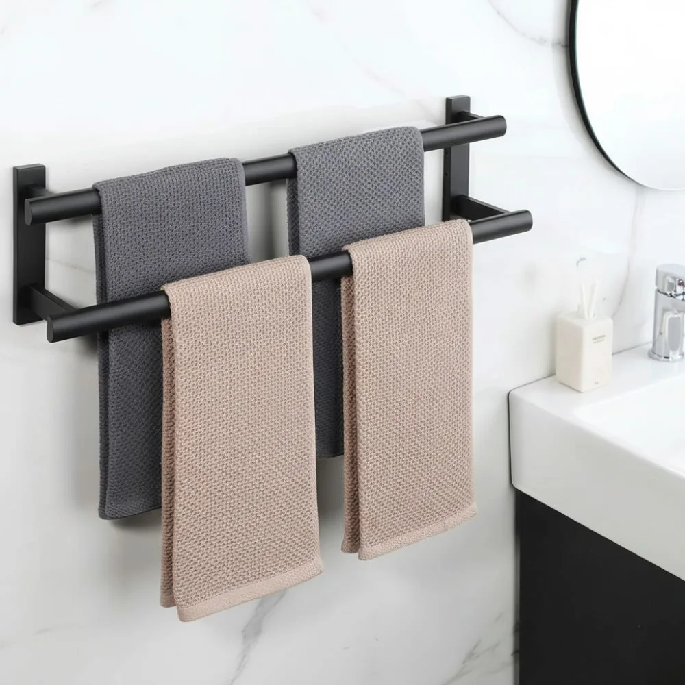 

24-дюймовый двойной вешалка для полотенец, матовый черный настенный держатель для полотенец для ванной комнаты, нержавеющая сталь
