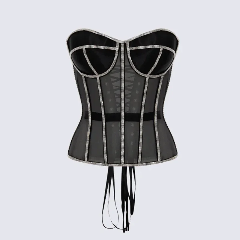 

Luxury Drilled Crystal Breathable Mesh Women Corset Slim Bright Rhinestone Vest Sexy Transparent Black Lace Netting Female