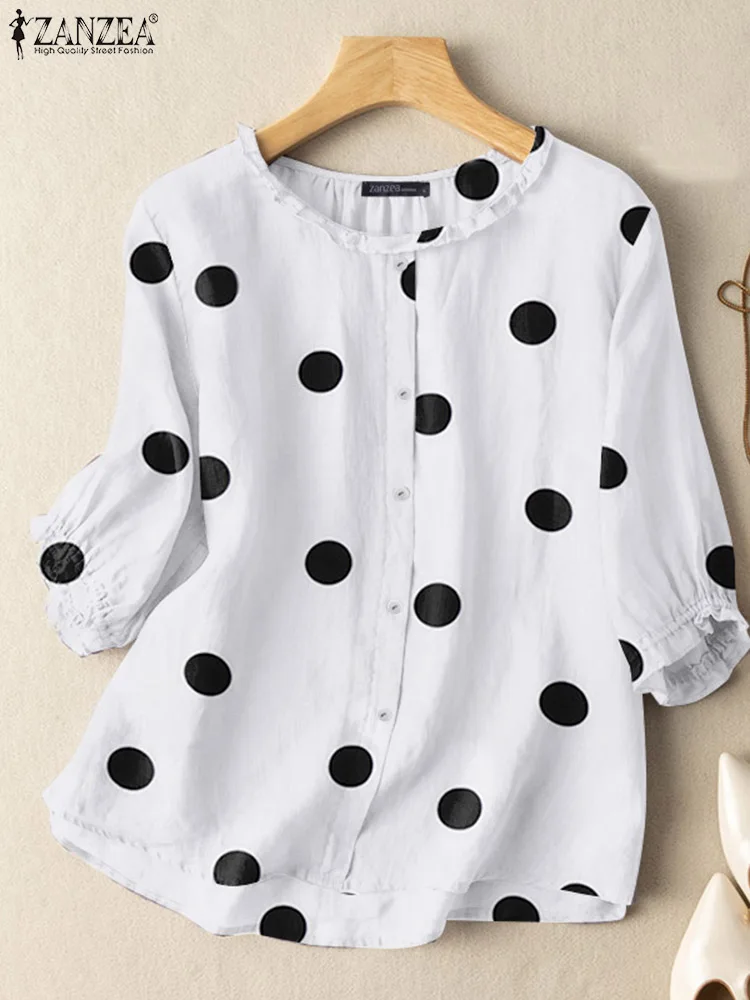 Women Vintage 3/4 Sleeve Polka Dot Printed Blouse ZANZEA 2023 Autumn Shirt Casual Ruffles Party Holiday Blusas Female Tunic Tops