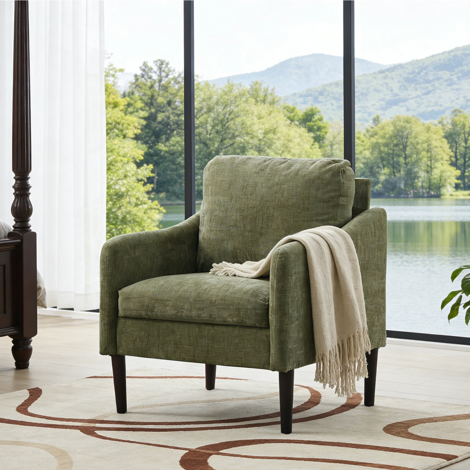Modern Chenille Upholstered Accent Chair, Comfy Fabric Armchair with Wood Legs, Padded Single Sofa Side Chair for Living Room Bedroom Reading Corner