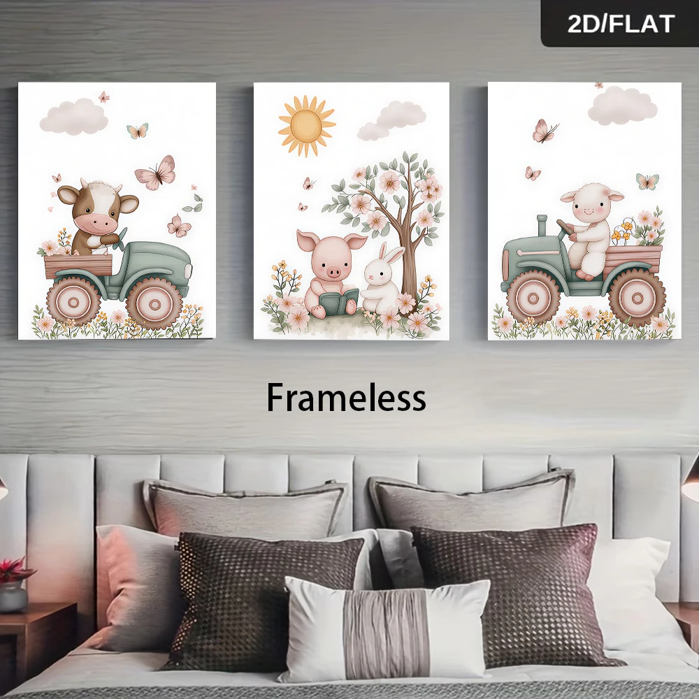 3PCS Large-sized frameless canvas paintings,1 set of three frameless decorative paintings featuring cute cows, pigs, sheep, rabb