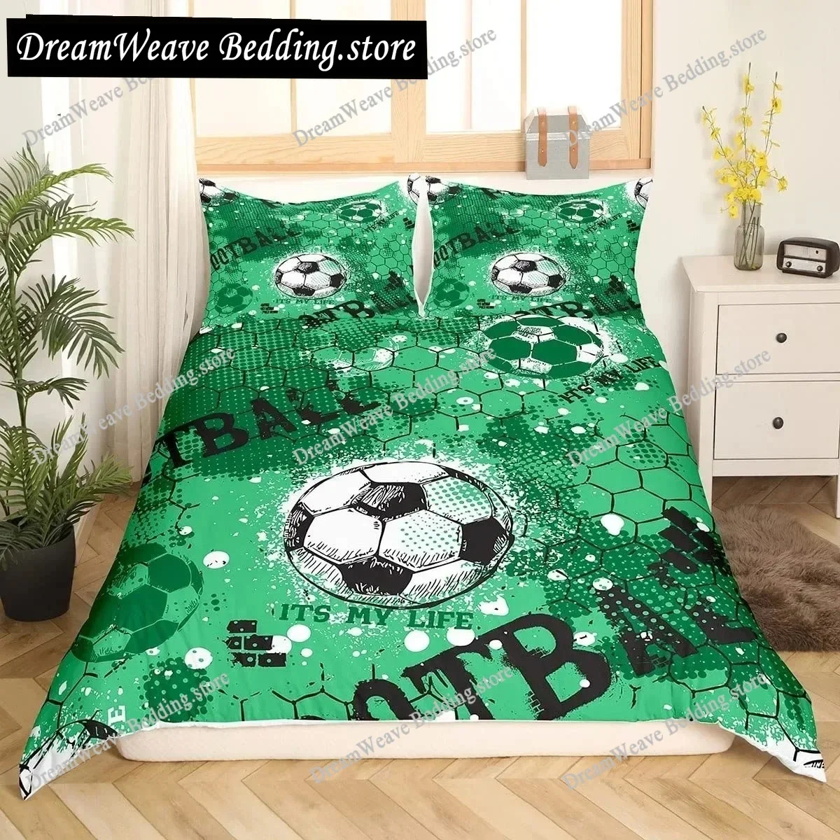 3D Football King Queen Duvet Cover Soccer Bedding Set for Kids Teens Boys Ball Sports White Red Polyester Quilt Cover