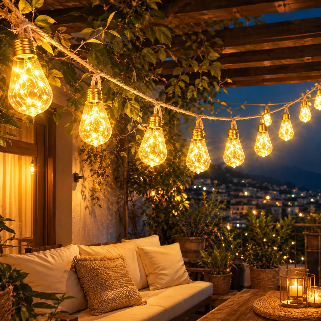 Halloween Lights USB Hemp Rope String Lights Warm White 8/16/24LED Vintage Bulb Fairy Lights for Porch Bedroom Party Decor