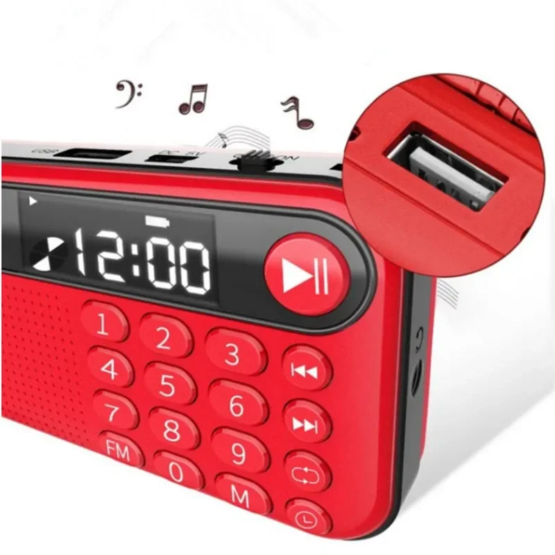 วิทยุ FM แบบพกพาลําโพงกลางแจ้ง Home TF Card U Disk เครื่องเล่นเพลง Mini MP3 นาฬิกาหูฟังเอาต์พุต 18650 แบตเตอรี่