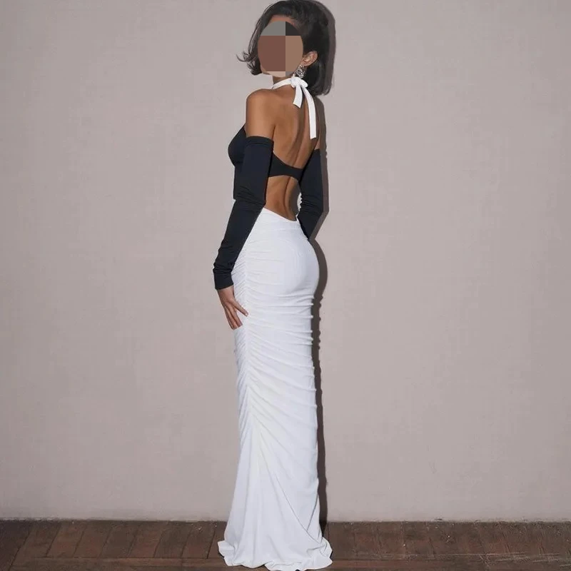 Talenza Women's Halter Neck Dress Fashion Sexy Backless Ruffled Patchwork Elegant Dress High-Waisted Female Party Evening Dress