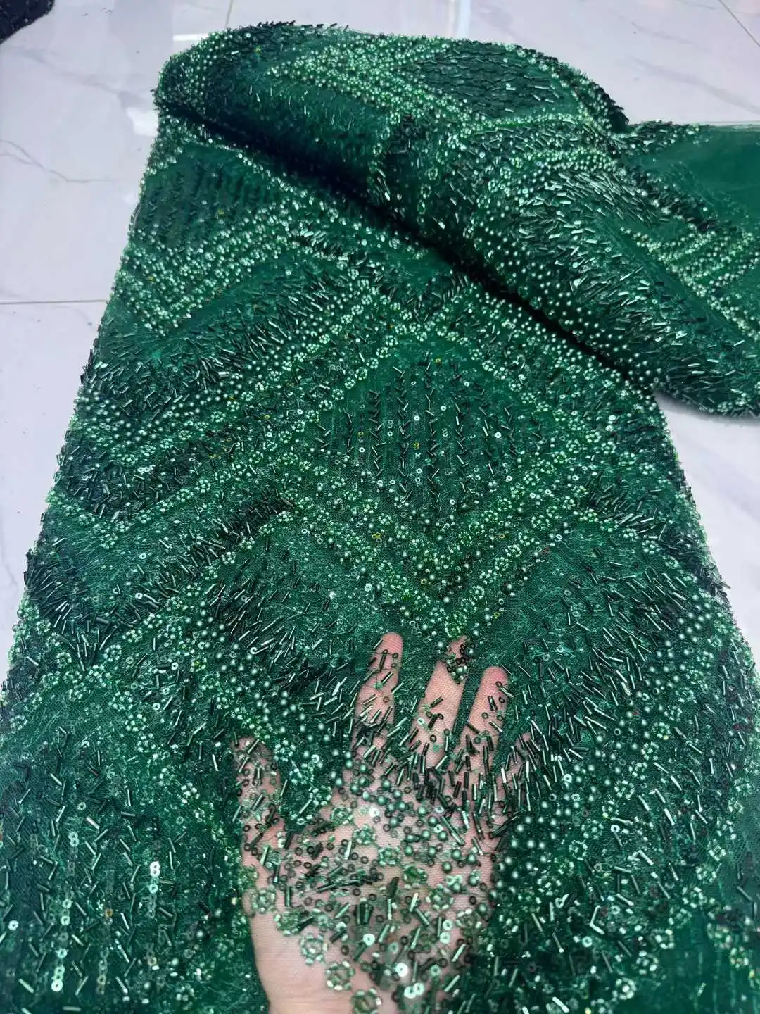 

Green Lace Fabric 2025 High Quality Fashion Mesh Sequins Embroidery French Nigerian Beaded Lace Fabrics For Bridal Wedding Dress